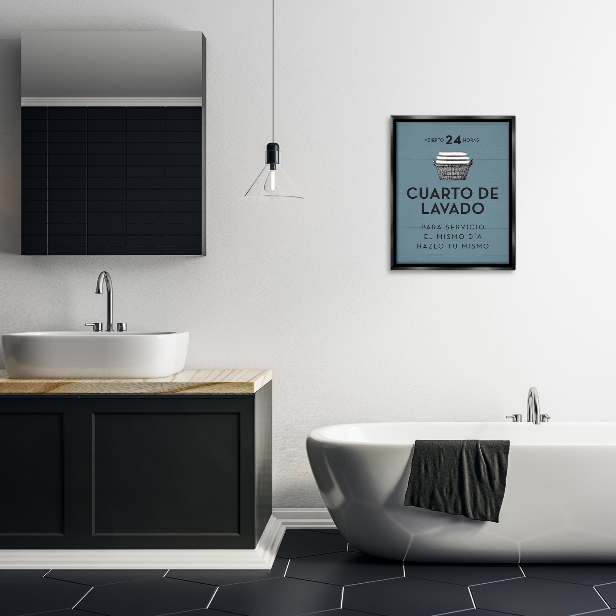 Stupell Industries Publicidad Día de Lavandería, Azul Bath & Laundry Painting Black Floater Framed Art Print Wall Art, 17 x 21