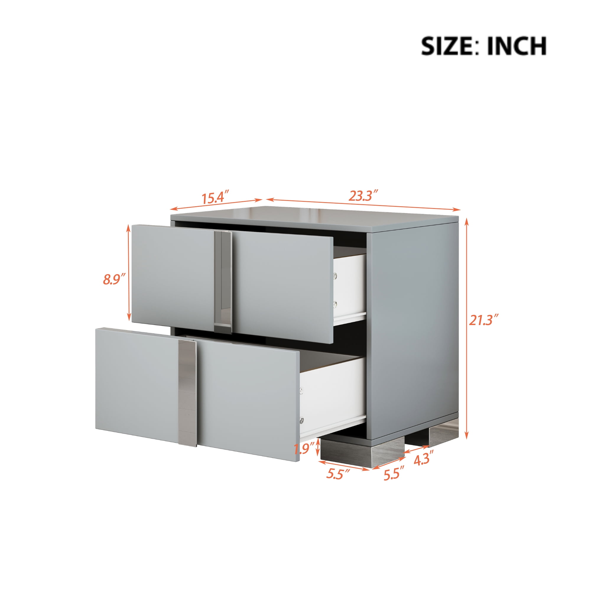 Euroco Wooden Nightstand with 2 Drawers & Metal Foot,Mirrored Bedside Table for Bedroom, Living Room,Gray