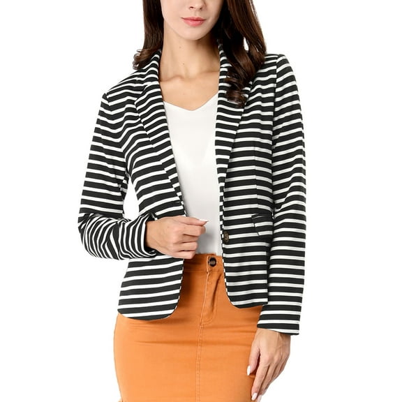 INSPIRE CHIC Women's Notched Lapel Long Sleeves Button Striped Blazer XL Black