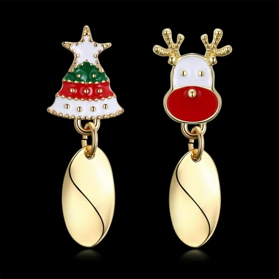 Enamel Stud Earrings Christmas Reindeer Rudolph Christmas Tree 37X13Mm P134
