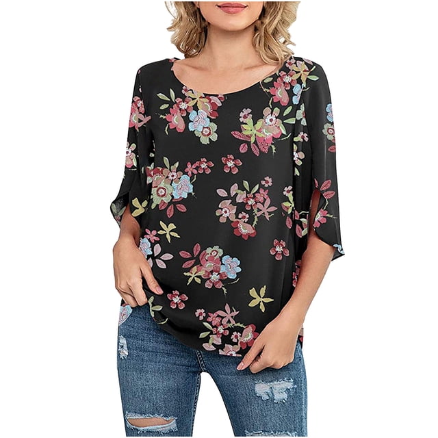 Pompotops Femmes Casual Imprimé Floral Col Rond 3/4 Manches en Mousseline de Soie Blouse Tops