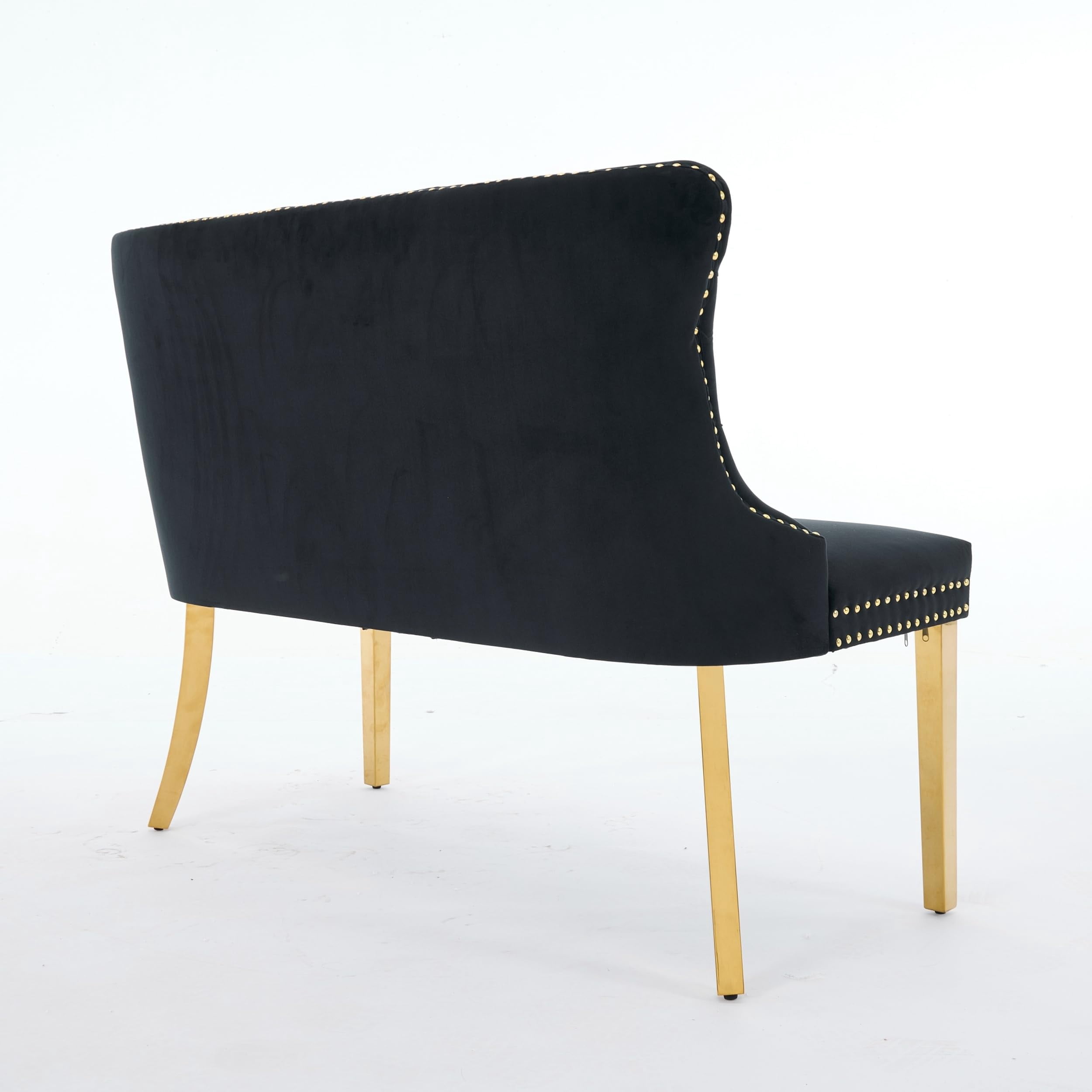 Black Velvet Double Dining Loveseat Bench, Tufted 2-Seat Kitchen & Dining Seating with Wing Back, Handmade Button Craft, Gold-Plated Steel Legs, Mid Century Modern Style