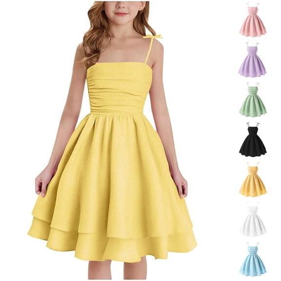 HJYCHN Girls Dresses Spaghetti Strap Double Layer Party Dress with Ruffled Hem for Back to School Clothes for Girls 15-16 Years