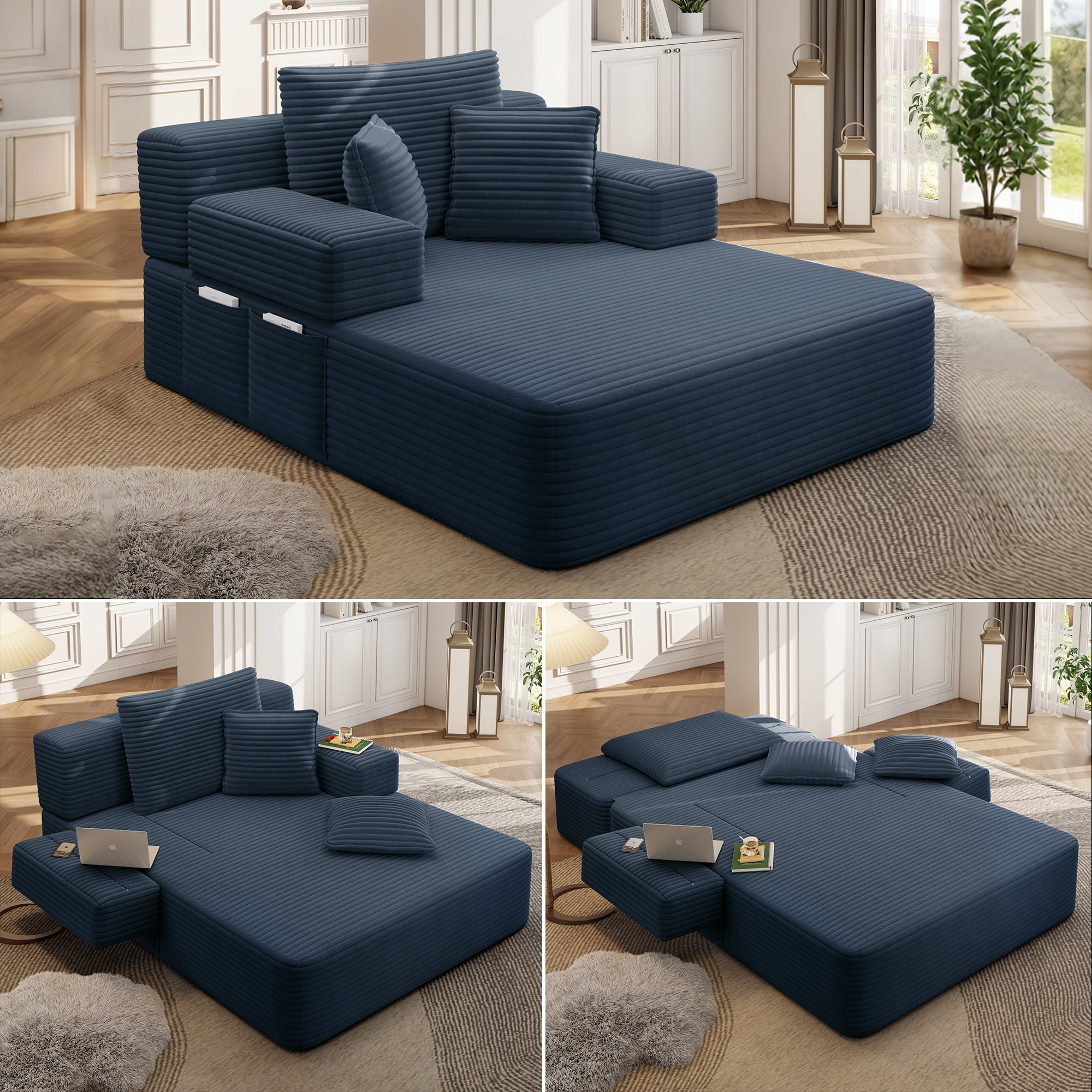 Anpport 60.2" Plush Corduroy Chaise Lounge, Frameless Convertible Sleeper Sofa Bed with Storage Pockets, 3 Soft Pillows, No Assembly, Blue
