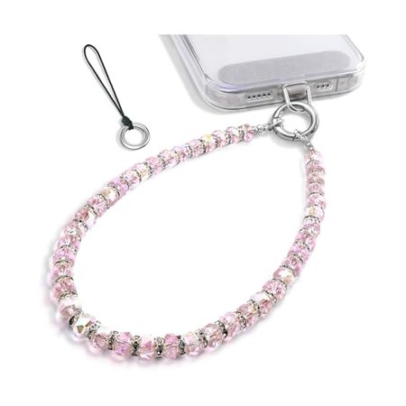 wonima88 Phone Charm Sparkling Crystal Phone Charms with Tether Tab & Gold Buckle Wrist Lanyard Beaded Bracelets for Women Crystals Cellphone Chain Wrist Strap B- Pink Crystals