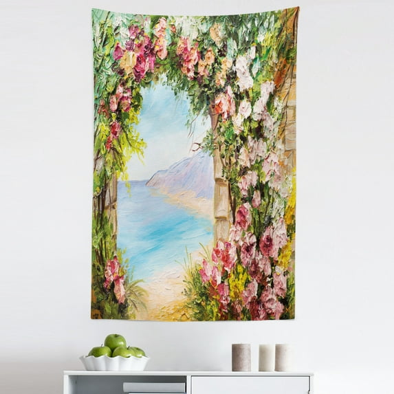 Art Tapestry, Old Antique Arch Covered by Rose Petals Branches Romantic Italian Panorama Sea Print, Fabric Wall Hanging Decor for Bedroom Living Room Dorm, 5 Sizes, Multicolor, by Ambesonne