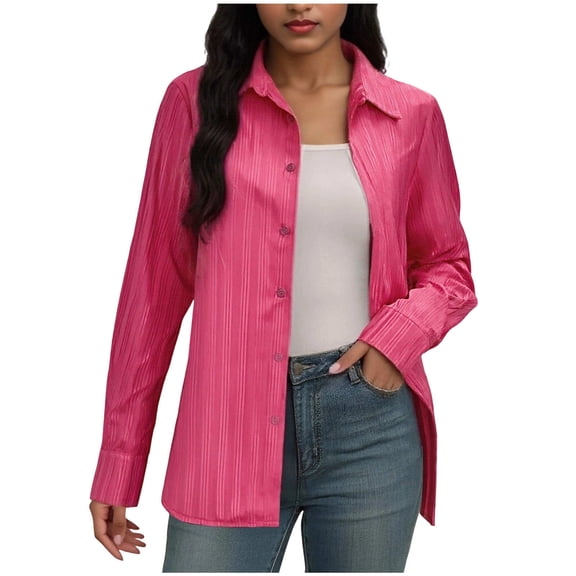 Womens Striped Button-Dwon Shirts Long Sleeve Bright Color Lapel Collared Dressy Casual Blouses Spring Tops (XL, Hot Pink)