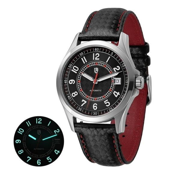 BERNY Automatic Watches for Men, 10ATM Fashion Wristwatches with Leather Strap, Date, Super Luminous, Easy Reading Arabic Numeral Mechanical Men's Watches (Red Black)