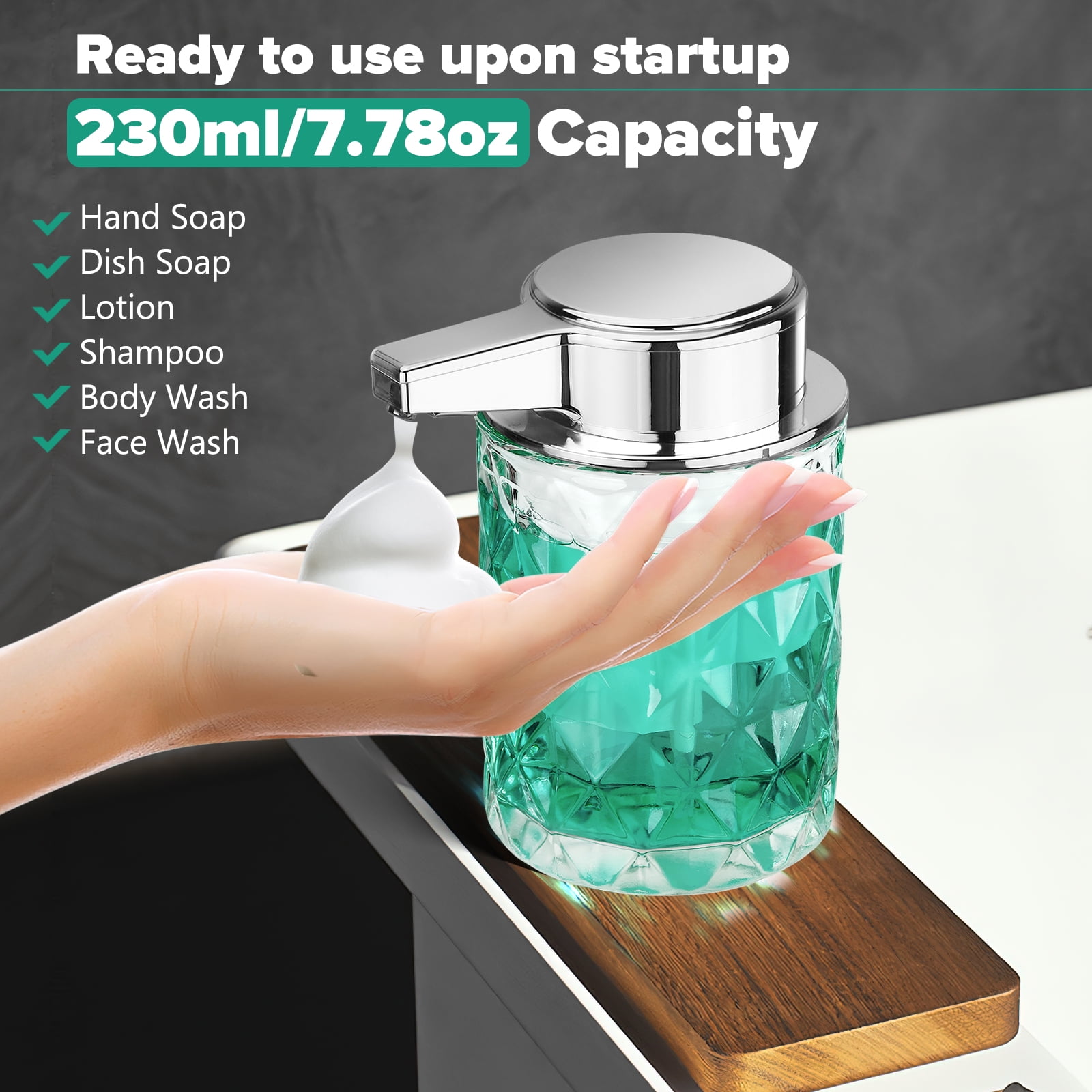 Automatic Liquid Soap Dispenser Touchless Auto Glass Clear Diamond Design Hand Lotion Soap Dispenser with Pump Electric Hands Free Modern Dish Soap Dispenser Rechargeable for Kitchen Bathroom