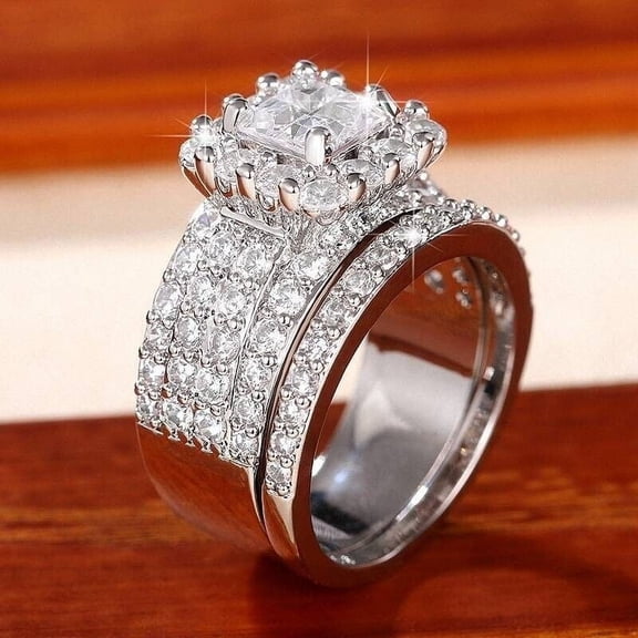 Rag Jewels 925 Sterling Silver 3.00 Ct Princess Cut White Diamond Wedding Engagement Christmas Bridal Ring Set 14K White Gold Plated For Women's -4.5