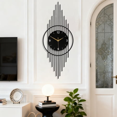 Modern Black Metal Wall Clock, Art Deco Style Large Decorative Clock for Living Room, Silent Non-Ticking Hanging Clock with Geometric Design, Unique Home Decor & Kitchen/Bedroom Wall Art