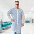 thumbnail image 6 of White Disposable Lab Coat, Large. 30 Pack 35 GSM Polypropylene Fabric Medical PPE Coat. Knee-Length Disposable Lab Coats with Elastic Wrists, Loop Fasteners, No Pockets, 6 of 7