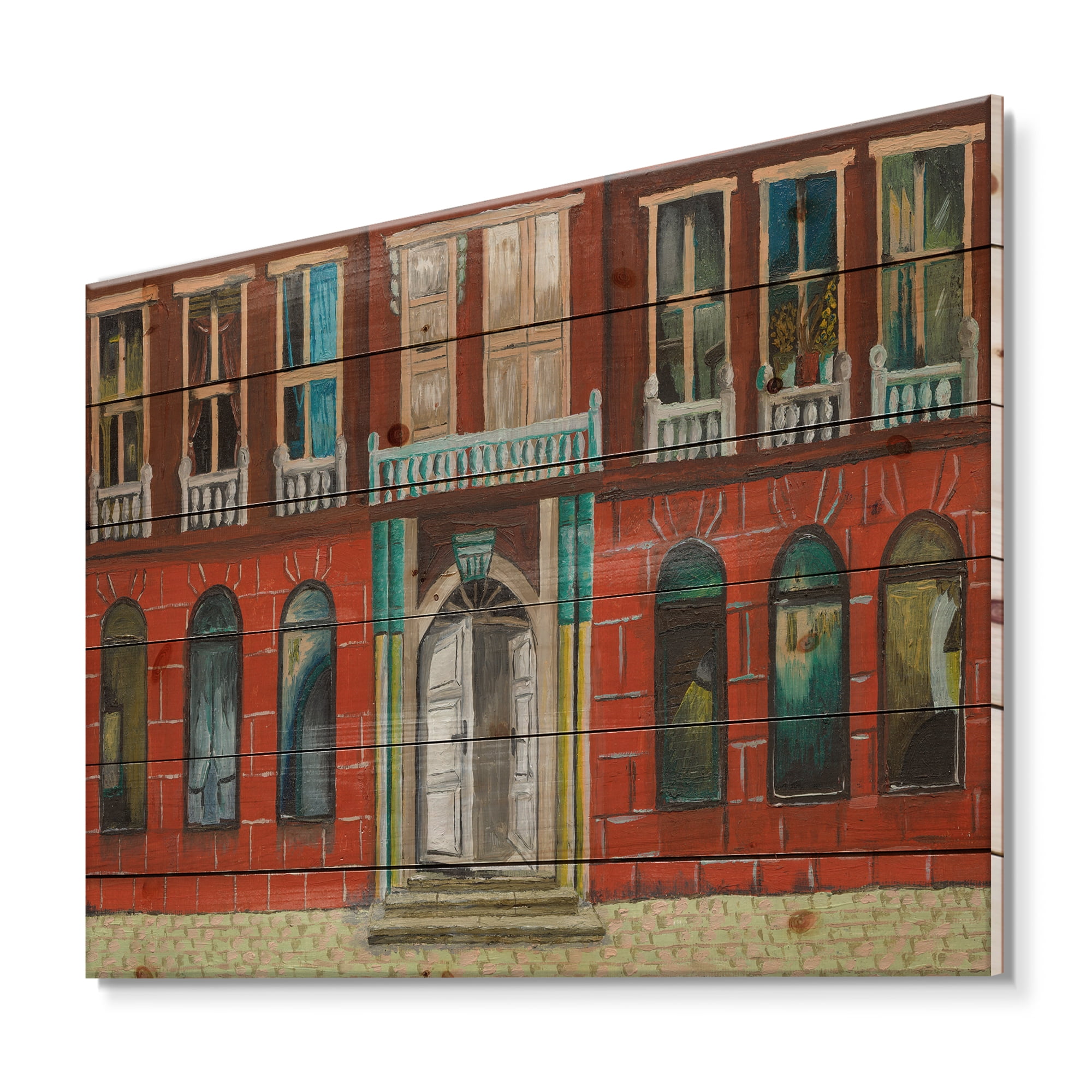 Designart 'Vintage Red Facade of Shop In Paris II' French Country Print on Natural Pine Wood