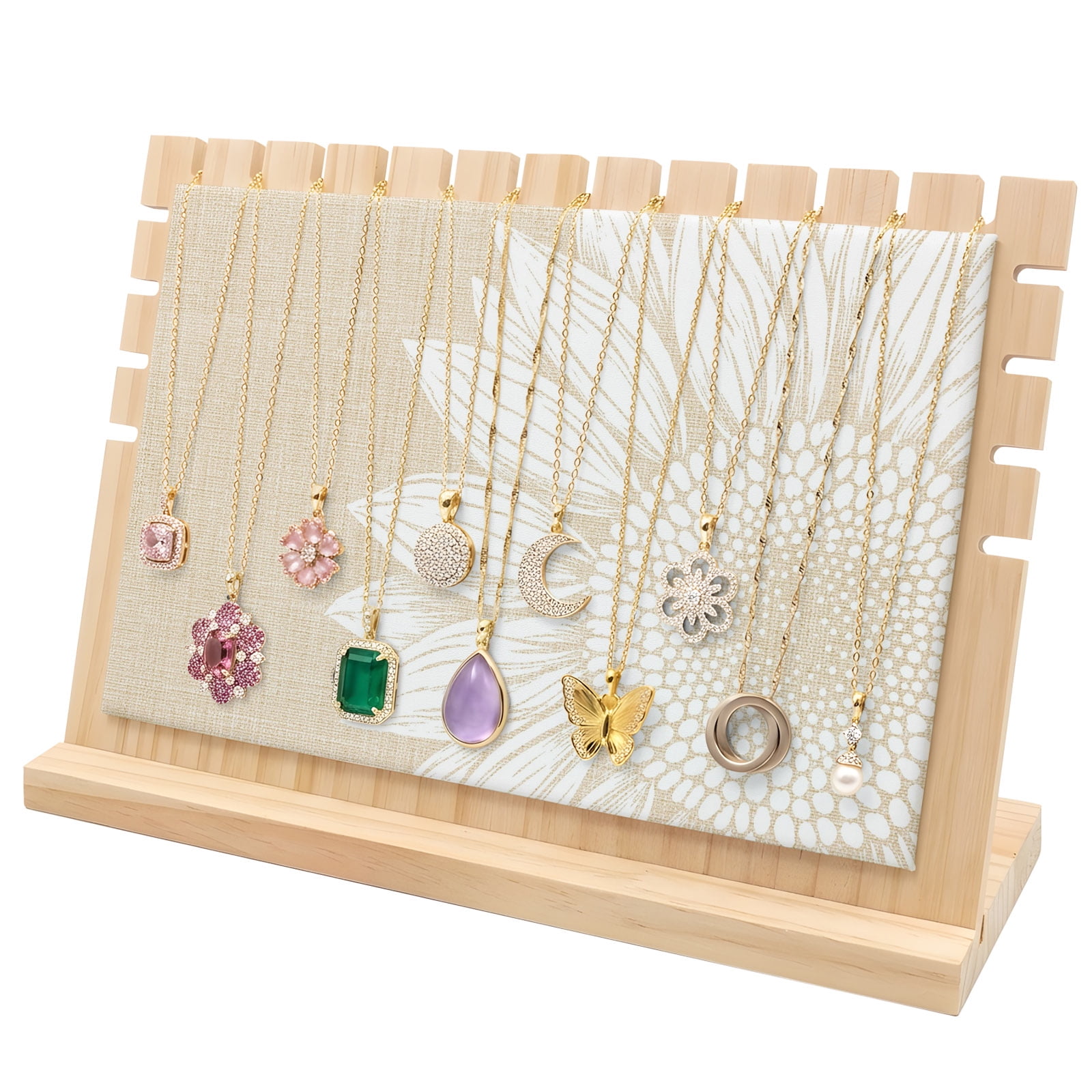 Necklace Display Stand Linen Sunflower Wood Jewelry Displays Stands with PU Panel Chain Rack Organizer Summer Petals Floral Wooden Necklace Display Holder for Vendors Shop Show Home Tabletop Storage