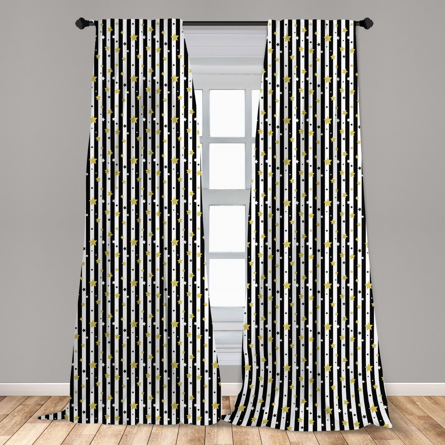 2 Panels Set Foil Print Striped Curtains for Living Room Bedroom Beige and Gold, 2 x 54Wx84L