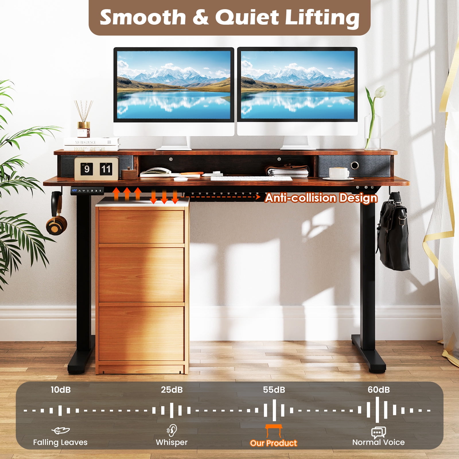 Topbuy 55" x 24" Standing Desk with Drawers Electric Stand-up Desk with Monitor Stand Rustic Brown