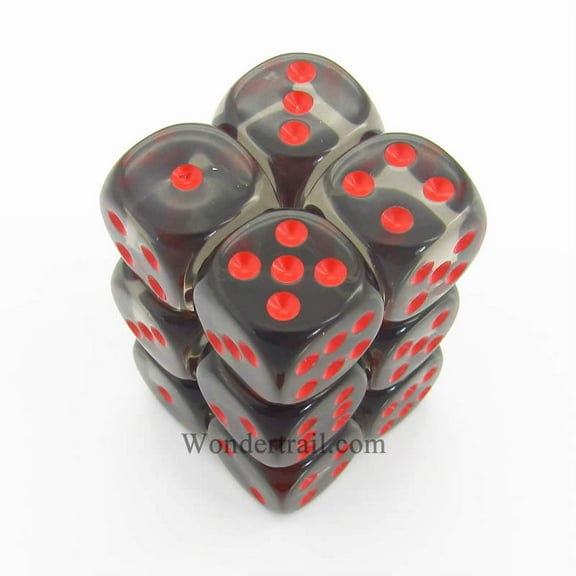Smoke Translucent D6 Dice with Red Pips 16mm (5/8in) Pack of 12