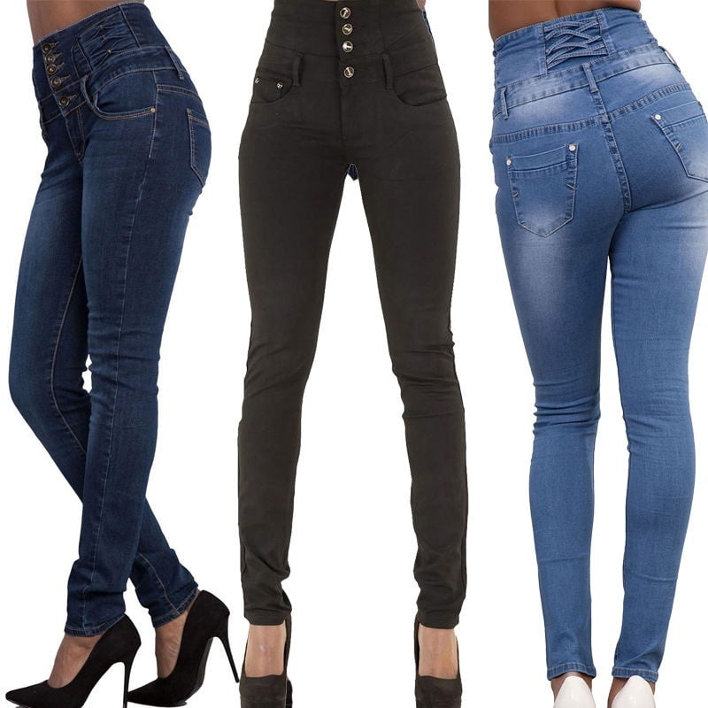 Wangsaura Women Ladies Black Blue High Waisted Skinny Jeans Size 6 8 10 12 14 16 Black