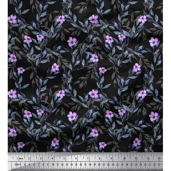 Soimoi Cotton Duck Fabric Leaves & Periwinkle Floral Print Fabric by The Yard 42 Inch Wide