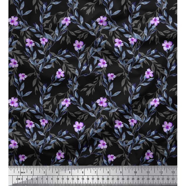 Soimoi Poly Georgette Fabric Leaves & Periwinkle Floral Print Fabric by Yard 42 Inch Wide