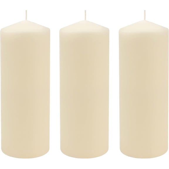 3 Pack Tall 3 x 8 Inch 80 Hour Long Burning Unscented Ivory Wax Pillar Candles