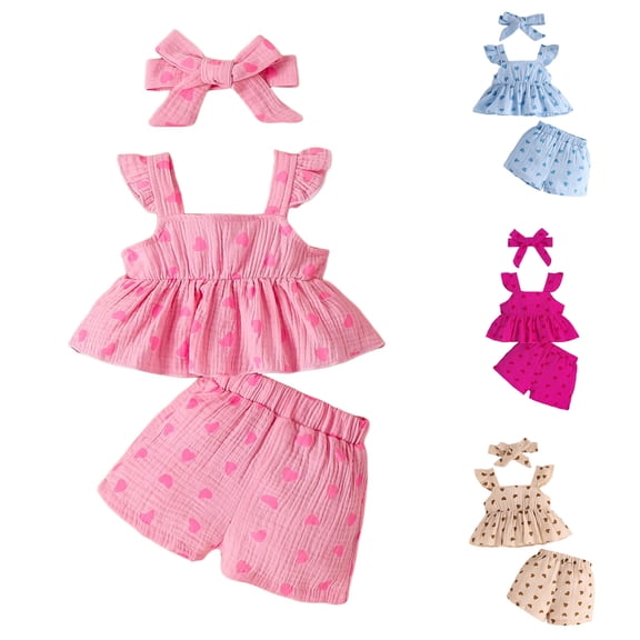Faraee 0-3 Years Toddler Baby Girl Summer Clothes Cute Heart Print 3 Piece Outfits with Headband Ruffle Shirt Tops Dress Shorts Set Blue