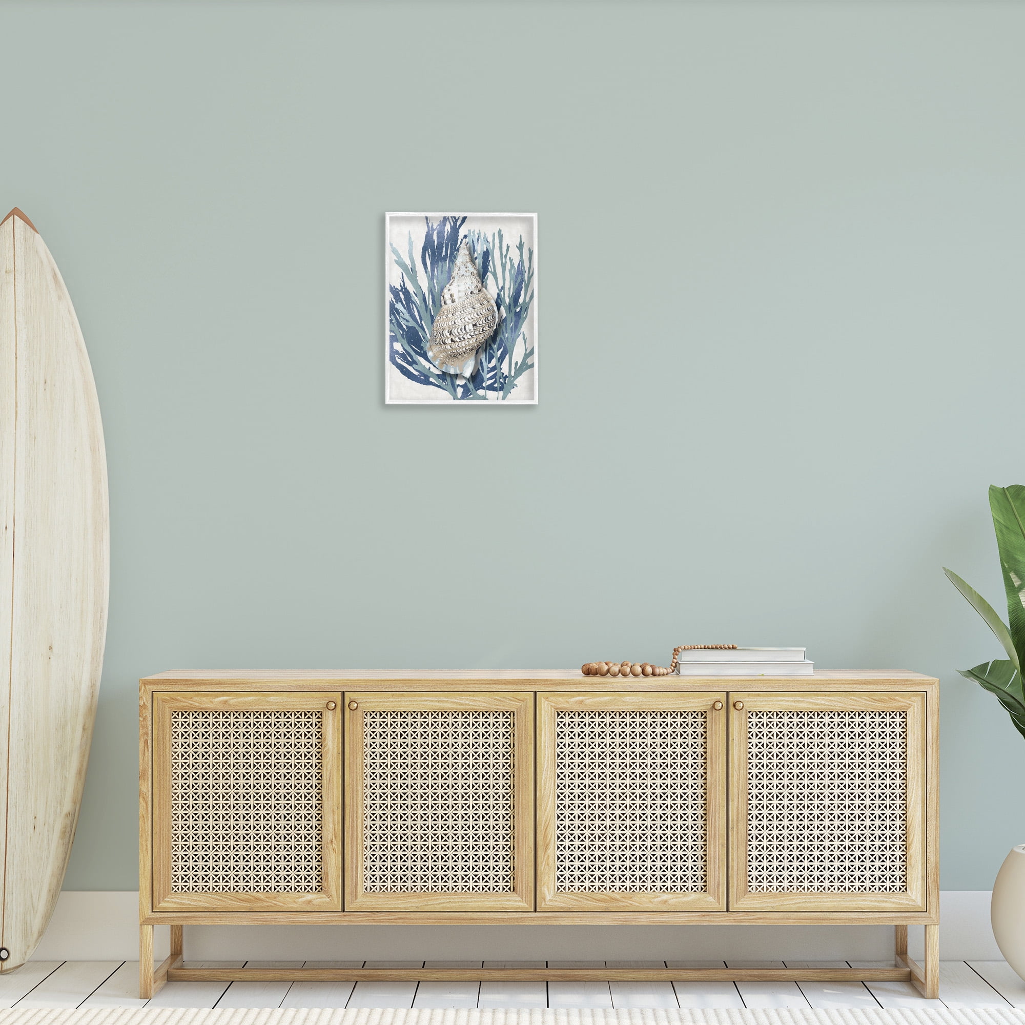 Stupell Industries Shell Coral Blue Beach Design Nature Painting White Framed Art Print Wall Art, 16 x 20