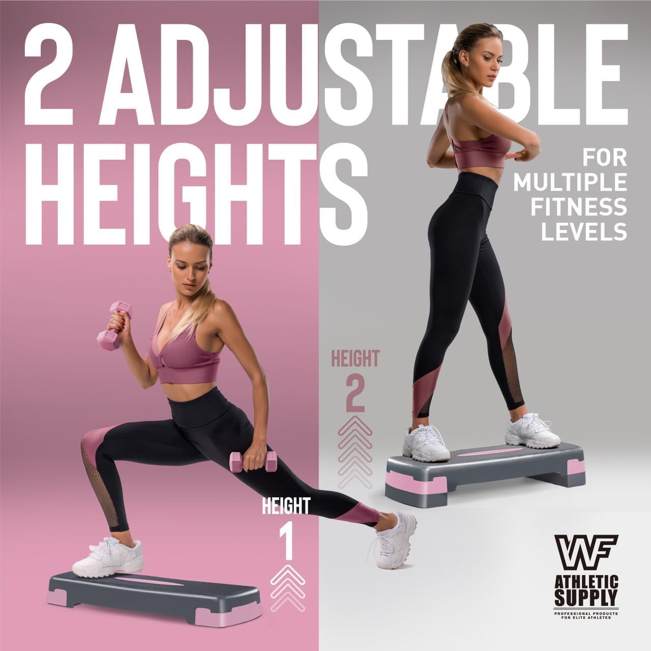 WF Athletic Supply Aerobic Stepper Set with Dumbbells & Measuring Tape, Adjustable Height 2 Level Risers Workout Exercise Step Platform Trainer for Home Gym Exercise Fitness Workout, Pink