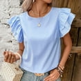 thumbnail image 6 of HOMBOM Striped Women Blouses Dressy Blue Trendy Short Sleeve Ruffled Sleeve Loose Crew Neck Shirts L, 6 of 6