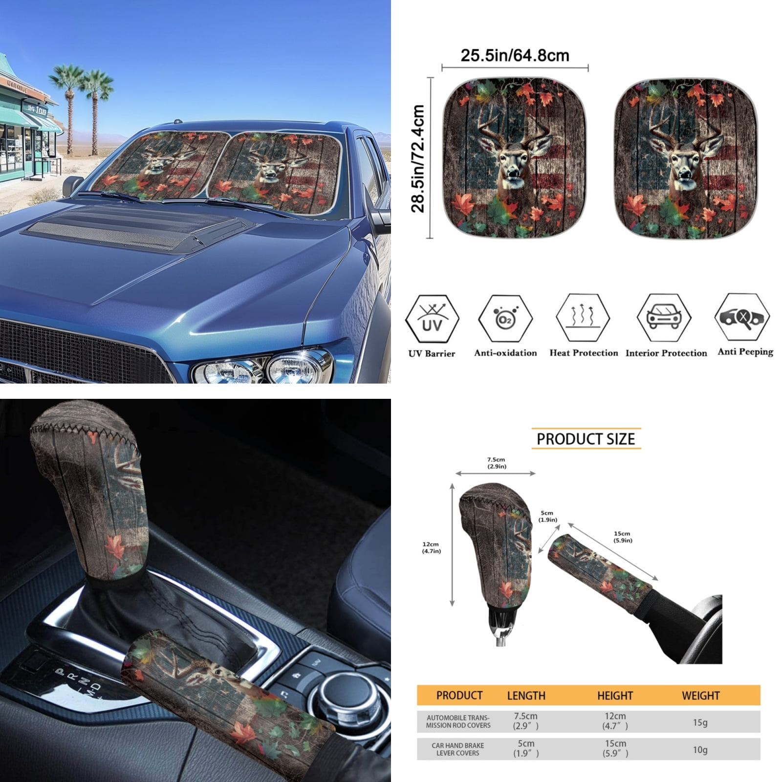 Yuyamidu 16 PCS Car Seat Covers Set Deer Car Sun Shade Camo Hunting Handbrake Cover Gear Shift Knob Cover Steering Wheel Cover Seat Belt Pads Rear View Mirror Cover Coasters Key Chain