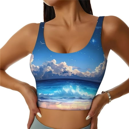 Qokaie Starry Night Ocean View Pattern Womens Scoop Neck Sports Bra Breathable Workout Vest Padded U Back Medium Impact Fitness Gym Yoga Bra Workout Crop Top-Medium