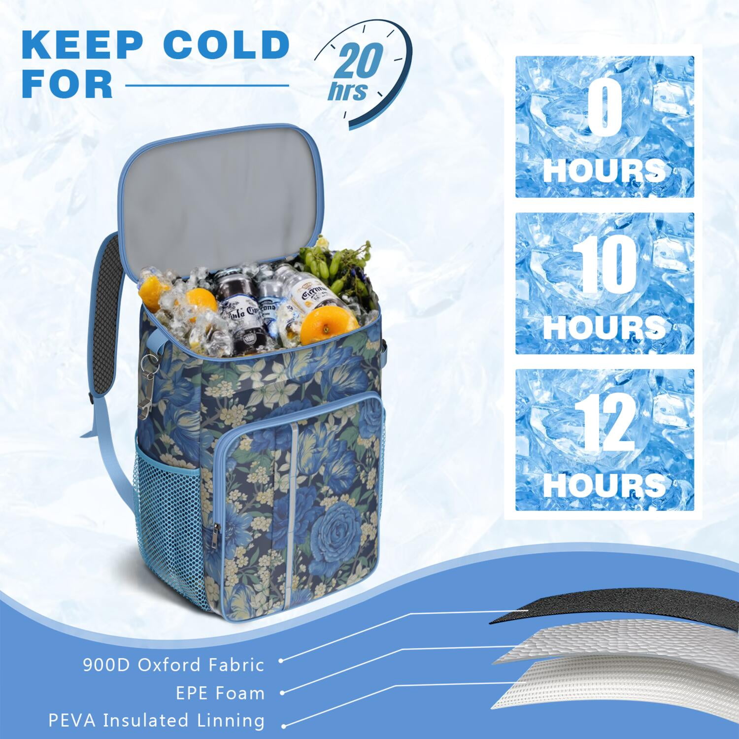 Travel Cooler Bag - Pioneer Flower Floral Print Pattern Camping Beer Cooler Backpack with Bottle Opener- Waterproof Insulated Picnic Backpacks - Cooler Bag for Beach