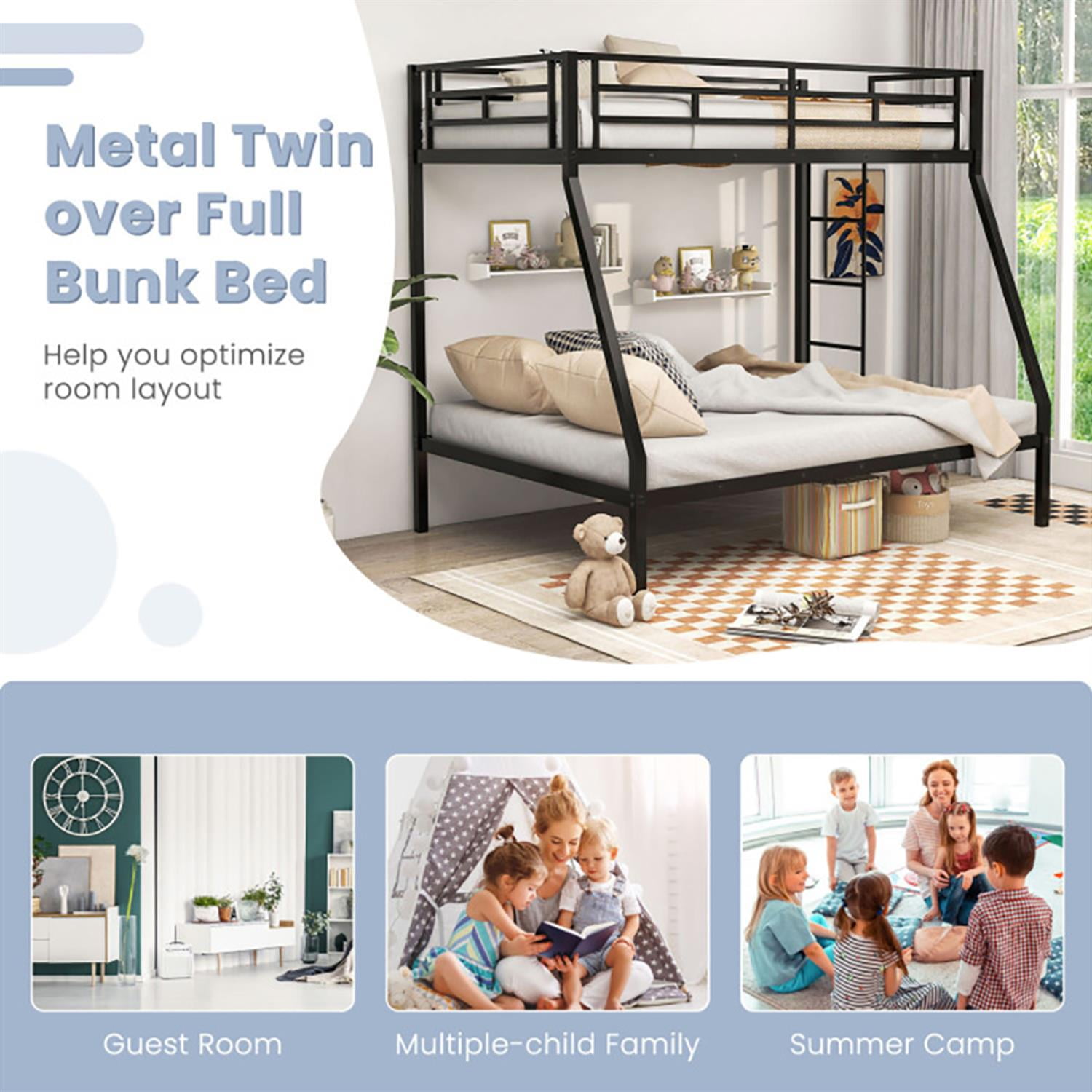 Demi Bonn Twin Over Full Bunk Bed with Safety Rail and Ladder, Twin Bunk Beds, Space-saving Metal Slatted Bed Frame, No Box Spring Needed, Black