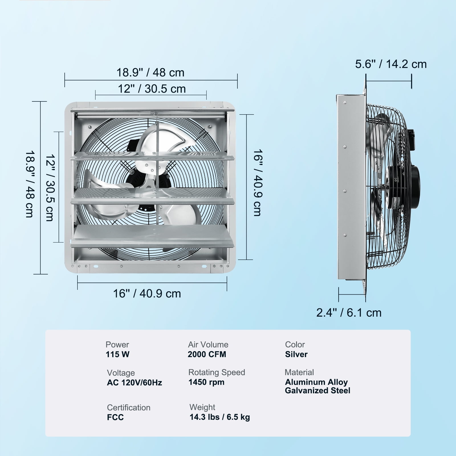 SKYSHALO 16" Aluminum 2000 CFM Shutter Exhaust Fan with 1450 RPM Speed for Shops, Silver