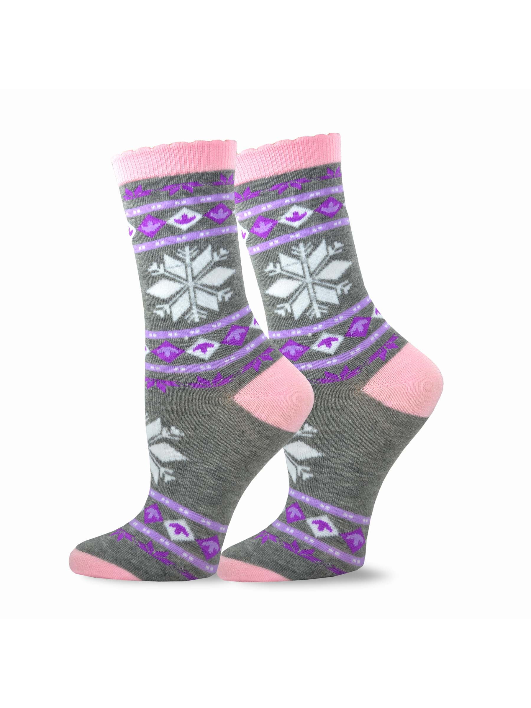 6 Pairs Women Comfort Socks Girls Snow Flake Hearts Long Crew Pack 9-11 Lot