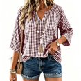 thumbnail image 7 of Women's Plus Size Gingham Blouses V Neck 3/4 Sleeve Loose Tunic Shirts Work office Casual Summer Tops Lightweight Everyday Plaid Shirts Hot Pink, 7 of 7