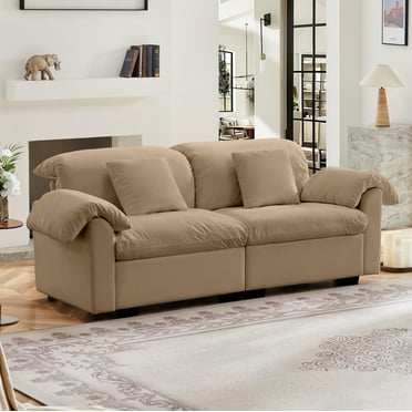 Miekor Furniture Velvet 2 Seater Deep Seat Sofa for Living Room, Two - Seat Loveseat Couch with Fluffy Armrest Pillows and Backrest, 2 Seater Cloud Like Couch With Storage Under Each Seat, Tan 0934