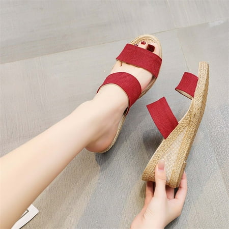 

jjayotai Women s Sandals Clearance Women s High Heels Shoes Linen Straw Sandals Wedges Casual Canvas Dress Slippers Flash Picks Red
