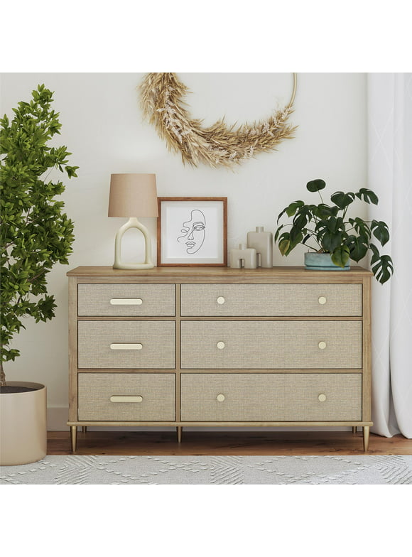 Little Seeds Shiloh Wide Convertible 6 Drawer Dresser, Natural and Rattan