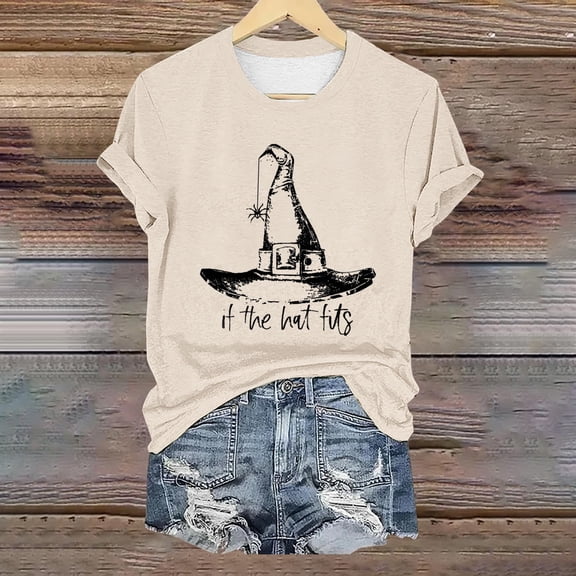 Sixuan Halloween Shirts for Women, Tshirts Womens Fall Fashion 2024 Plus Size Tops, If The Hat Fits Witch Hats Women'S Crew Neck T Shirt