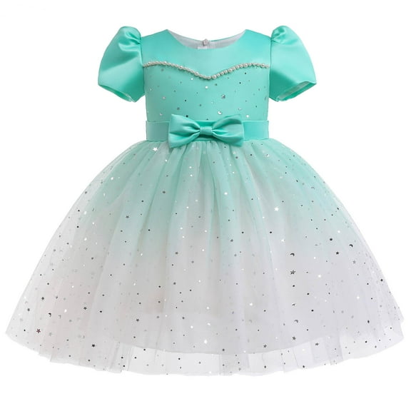 Pejock 2-10 Years Kids Pageant Flower Girl Dress Little Girls Party Wedding Formal Dresses Toddler Girls Net Yarn Flowers Mesh Print Bow Ruffles Birthday Party Gown Long Dresses