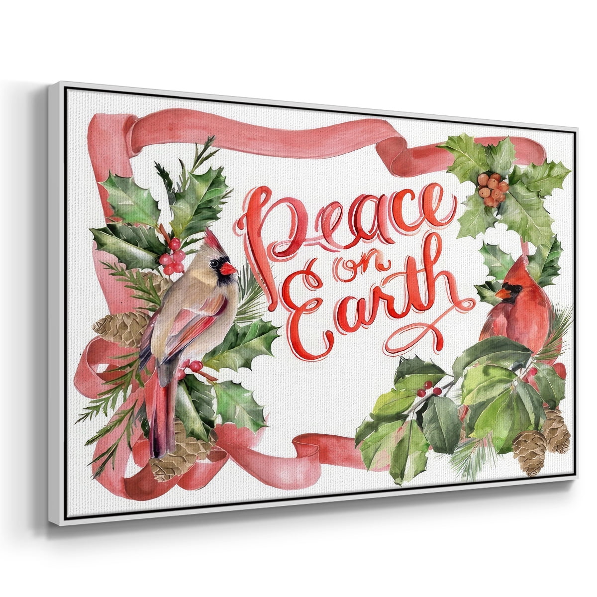 Cardinal Holly Christmas Collection A - Framed Gallery Wrapped Holiday Canvas - 27 x 41 - White Frame