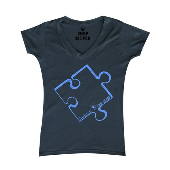 Shop4Ever Women's Blue Puzzle Piece Autism Awareness Slim Fit V-Neck T-Shirt XX-Large Charcoal