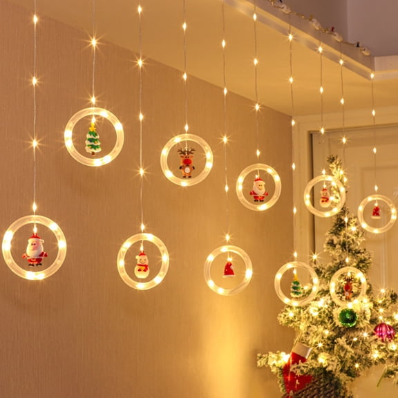 Window Lights Christmas Decor Ring Lights with Ornament LED Curtain Lights Indoor Outdoor USB 9.8ft Warm White Christmas String Lights Hanging 3D Novelty Xmas Tree Home Garden Decorations