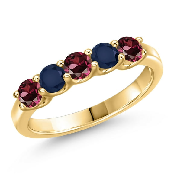 Gem Stone King 10K Yellow Gold Red Rhodolite Garnet and Blue Sapphire Wedding-Bands Ring for Women | 1.10 Cttw | Round 3.5MM | Gemstone January Birthstone | Size 7