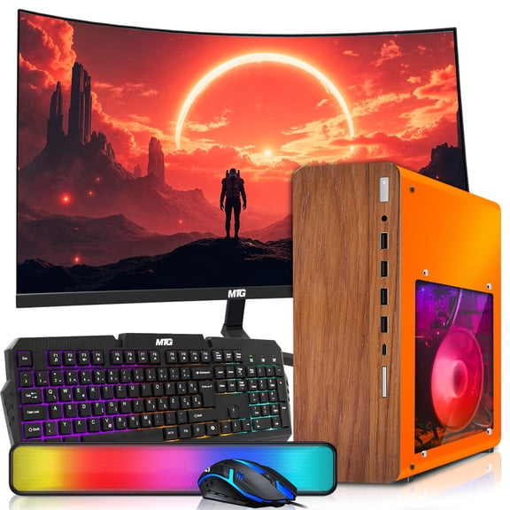 Restored HP Full Dark Desktop Computer PC Phoenix AMD A10-9700, 16GB RAM, 512GB SSD, 24 Inch Curved Monitor, RGB KBM with AI Copilot, WiFi, RGB Sounbar, Windows 11