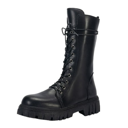 

NECHOLOGY Platform Boots for Women Back Zipper Vegan Leather Mid Calf Ladies British Style Bog Boots Women Mid Calf Black 6.5