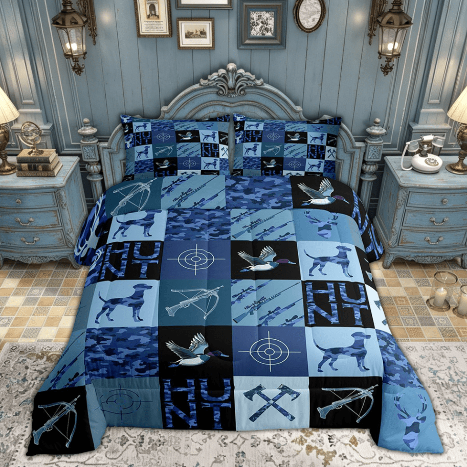 Manfei Farmhouse Dog Duck Wildlife Bedding Comforter Set for Kids Boys, Blue Rustic Camouflage Twin Comforter Sets, Black Reversible, 2-Piece