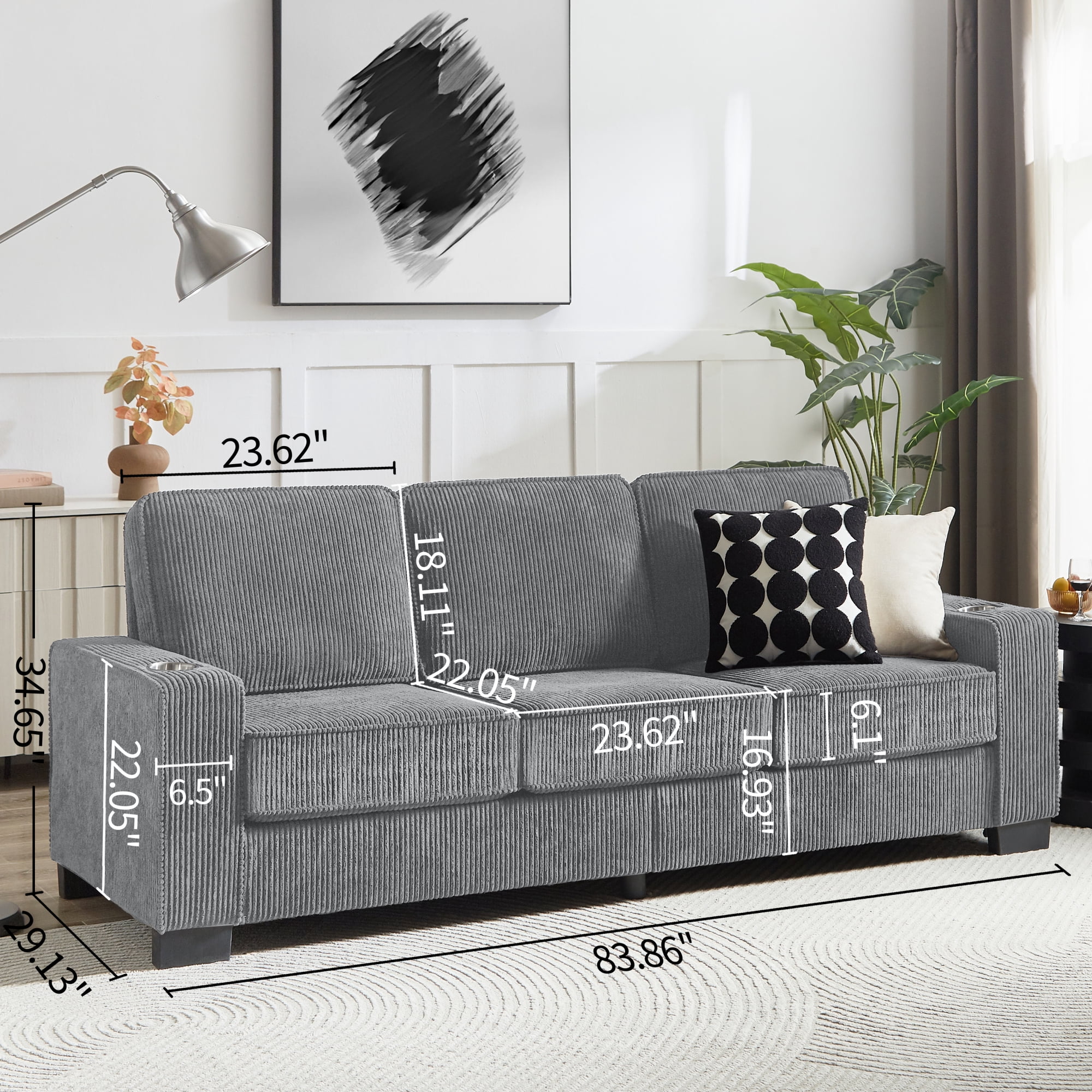 83.86" Large Sofa with Extra Deep Seats,Comfy Corduroy Couch with Cupholders,3 Seater Sofa for Living Room,Bedroom,Office,Gray+Corduroy