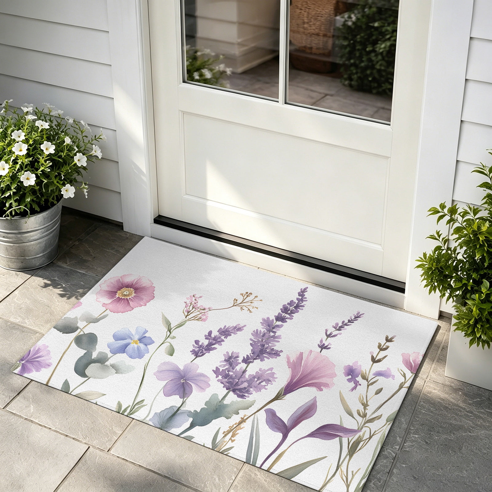 Front Door Mat Indoor Outdoor Entrance Spring Flowers Low Profile Doormats Non-Slip Backing Idyllic Lavender Botanical Blossom Motif Patio Rugs Welcome Mats for Backdoor Doormat 24 x36